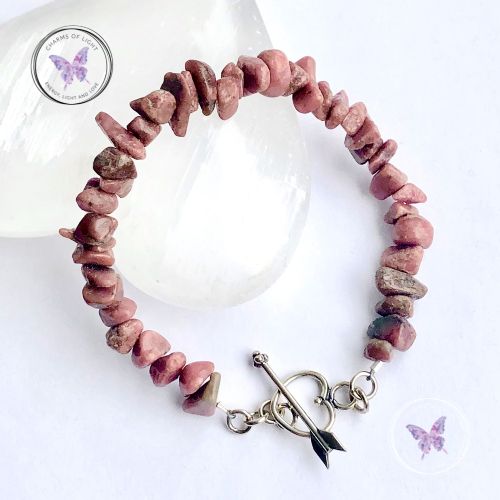 Rhodonite Chip Bracelet with Silver Heart Toggle Clasp